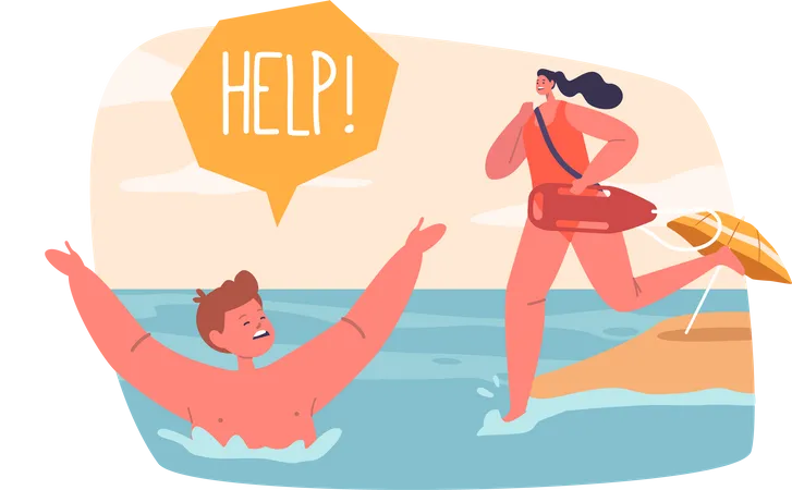 Guarda na praia corre para resgatar criança que está se afogando  Ilustração