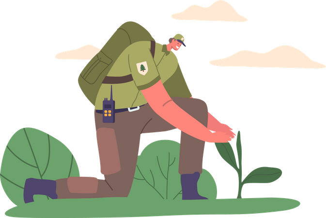 Ranger Forester brota plantando en un suelo adecuado  Ilustración