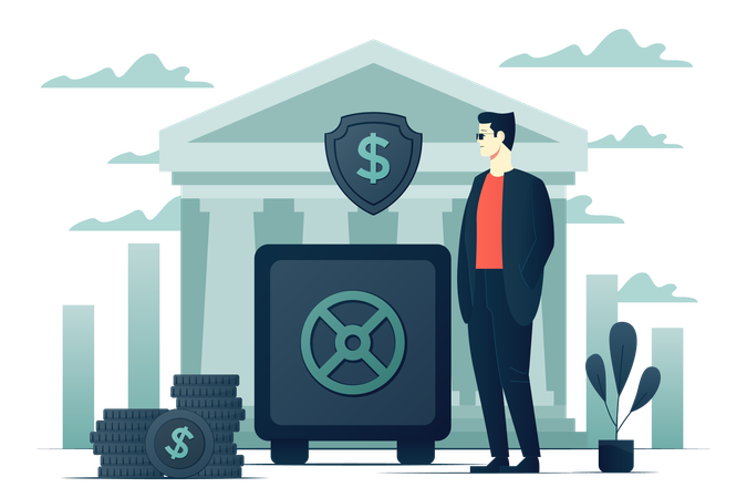 Guarded vault safe door on bank  Illustration