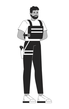 Guardia de seguridad masculino de raza negra serio con chaleco antibalas y portando un arma corta  Ilustración