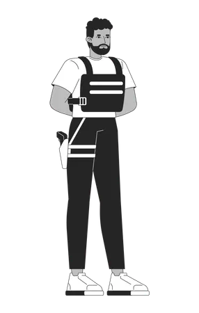 Guardia de seguridad masculino de raza negra serio con chaleco antibalas y portando un arma corta  Ilustración