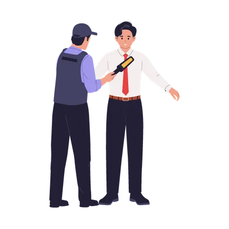 Guardia de seguridad usando un escáner de mano para ver a un hombre de negocios  Ilustración