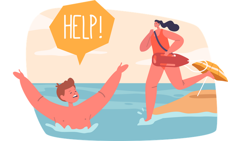 Guardia en la playa corre para rescatar a un niño que se está ahogando  Ilustración