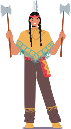 Guerreiro Indígena Americano com Machados  Ilustração