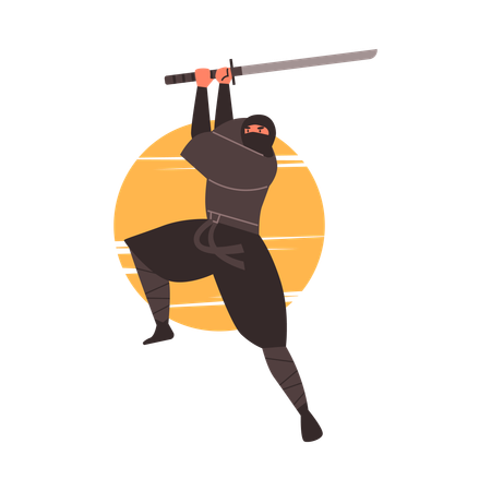 Guerreiro ninja em pose dinâmica no momento do impacto  Ilustração