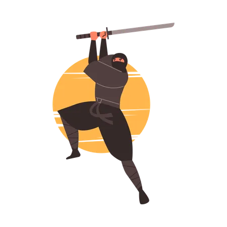 Guerreiro ninja em pose dinâmica no momento do impacto  Ilustração