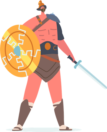Gladiador Guerreiro Romano com Torso Nu Segura Espada e Escudo  Ilustração
