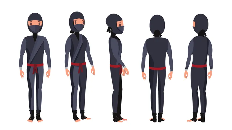 Vetor De Guerreiro Ninja Traje Preto Mostrando Diferentes Acoes Com Armas Ilustra O De Desenho Animado Plano Isolado Ilustração