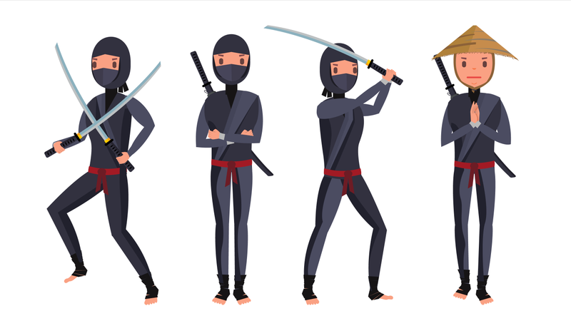 Guerrero Ninja con traje negro que muestra diferentes acciones con armas  Ilustración