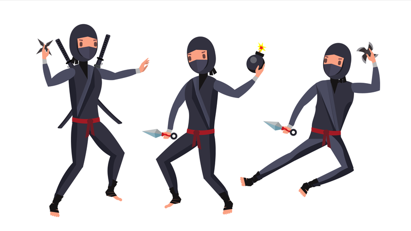 Guerrero Ninja con traje negro que muestra diferentes acciones con armas  Ilustración