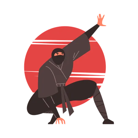 Hombre guerrero ninja sentado en pose  Ilustración