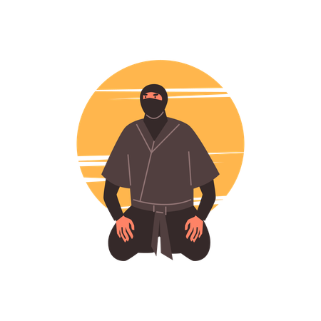 Guerrero ninja sentado de rodillas en una puesta de sol naranja  Ilustración