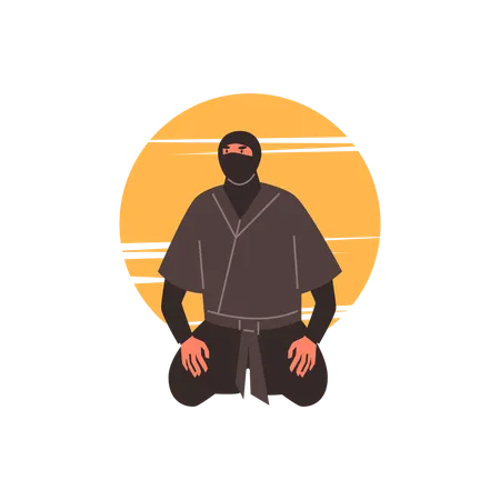 Guerrero ninja sentado de rodillas en una puesta de sol naranja  Ilustración