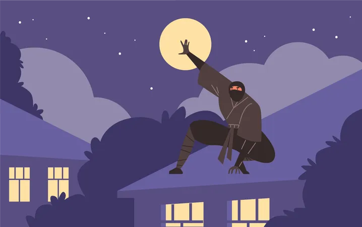 El guerrero ninja se sentó en una pose en el techo de una casa por la noche a la luz de la luna.  Ilustración