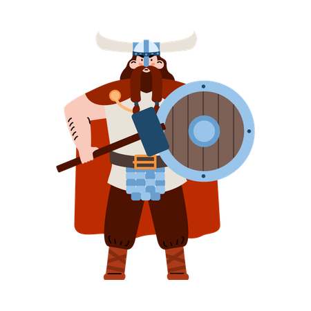 Guerrero vikingo con casco con cuernos y arma en la mano  Ilustración