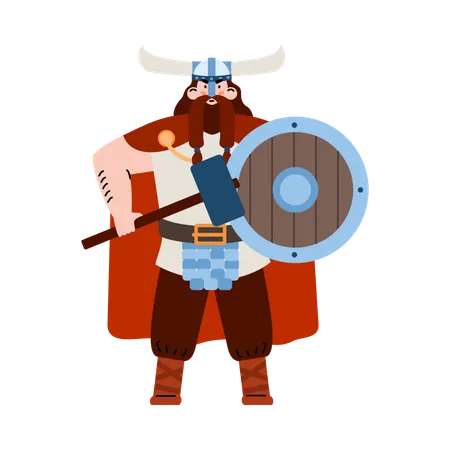 Guerrero vikingo con casco con cuernos y arma en la mano  Ilustración