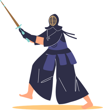 Guerrero Wushu con máscara y traje de kimono negro  Ilustración