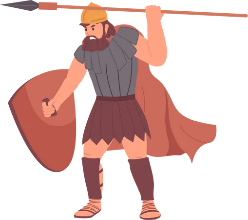 Guerrier Goliath romain en colère dans un casque debout avec un bouclier et attaquant avec une lance  Illustration