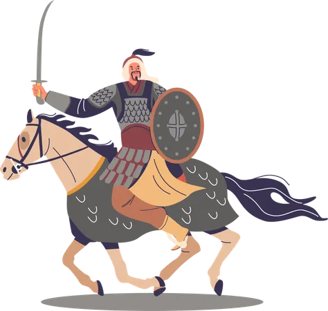 Guerrier mongol avec épée à cheval  Illustration