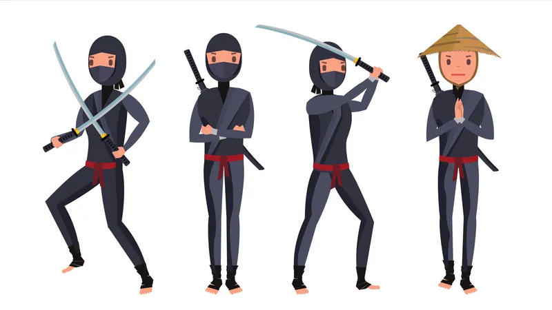 Guerrier Ninja en costume noir montrant différentes actions avec des armes  Illustration