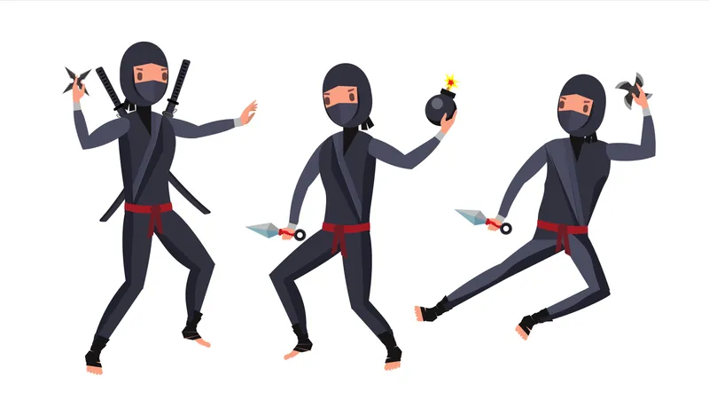 Guerrier Ninja en costume noir montrant différentes actions avec des armes  Illustration