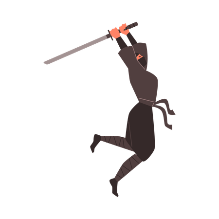 Guerrier ninja avec une épée en attaque sautée  Illustration