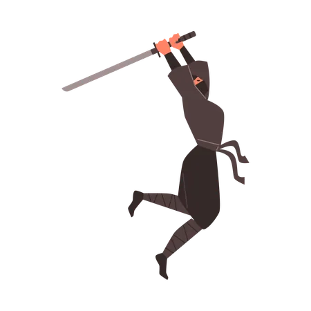 Guerrier ninja avec une épée en attaque sautée  Illustration