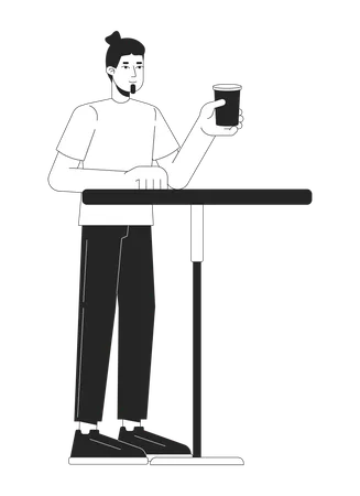 Guest Male Drinking Coffee At Table Black And White 2 D Line Cartoon Character Caucasian Man In Cafe Isolated Vector Outline Person Ordering Beverage In Cafeteria Monochromatic Flat Spot Illustration Illustration