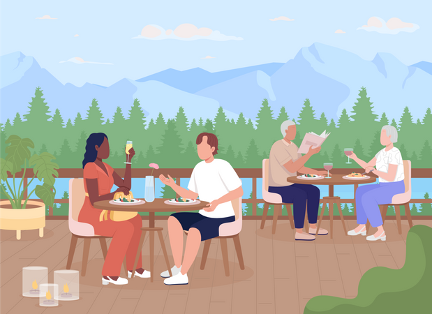 Guests enjoying dinner at mountain resort Illustration