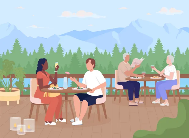 Guests Enjoying Dinner At Mountain Resort Flat Color Vector Illustration People Resting On Open Cafe Terrace Fully Editable 2 D Simple Cartoon Characters With Distant Hills On Background Illustration