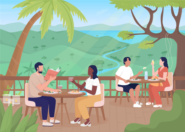 Guests enjoying food at exotic resort Illustration