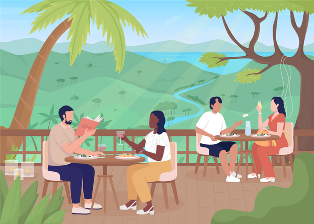 Guests enjoying food at exotic resort  Illustration