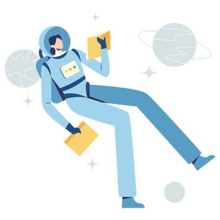 Femme de l'espace lisant un livre de conseils  Illustration