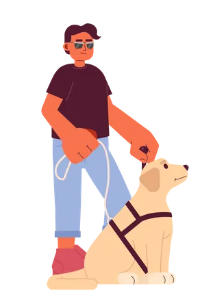 Guide Dog For Blind Man 2 D Cartoon Character Hispanic Blind Man Sunglasses Holding Cane Isolated Vector Person White Background Cool Guy With Visual Impairment Color Flat Spot Illustration Illustration