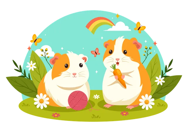 Guinea Pig Vector Illustration Featuring Various Hamster Breeds In Green Fields In A Flat Cute Kids Cartoon Style Background Design Illustration