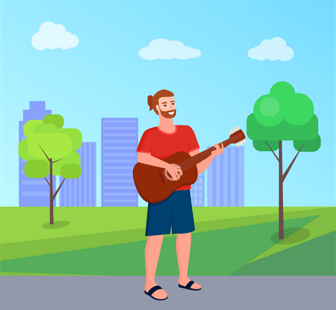 Guitar artist playing guitar in park  Illustration