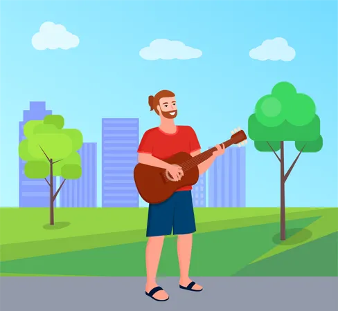 Guitar artist playing guitar in park  Illustration