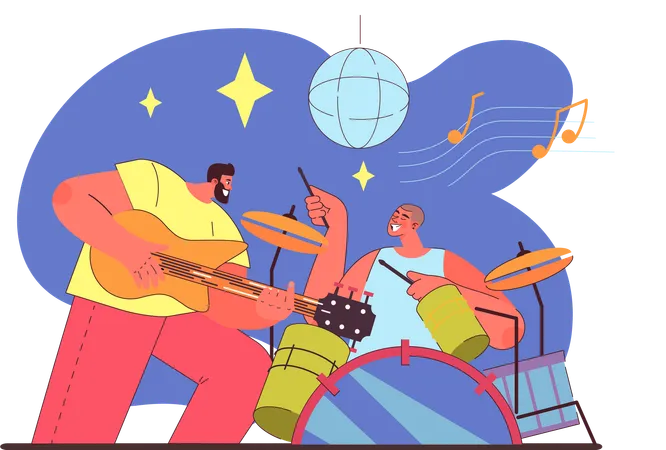 Guitar player and drummer playing music in music concert  Illustration