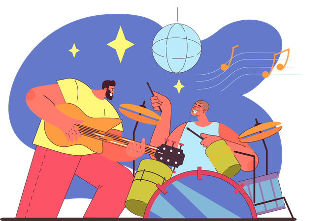 Guitar player and drummer playing music in music concert  Illustration