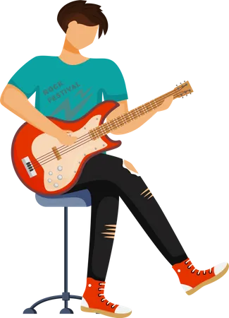 Guitarist Flat Color Vector Illustration Rock Festival Sitting Guitar Player Musician Music Band Member Rock And Roll Man With Musical Instrument Concert Isolated Cartoon Character On White Illustration