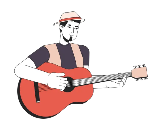 Musician Playing Acoustic Guitar 2 D Linear Cartoon Character Caucasian Guy Holding Instrument Isolated Line Vector Person White Background Guitarist Live Performance Color Flat Spot Illustration Illustration