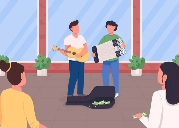 Guitarist and accordion player earn money Illustration