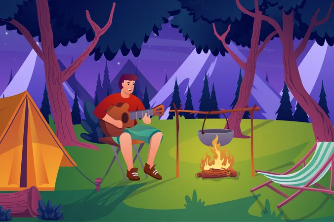 Guitarist during camping  Illustration