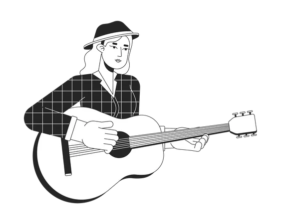 Guitarist Girl Plucking Strings On Acoustic Guitar Black And White 2 D Line Cartoon Character European Woman Isolated Vector Outline Person Playing Instrument Monochromatic Flat Spot Illustration Illustration