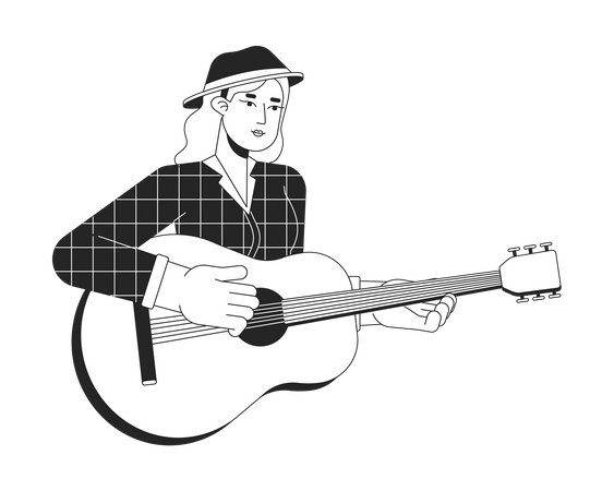 Guitarist girl plucking strings on acoustic guitar  イラスト
