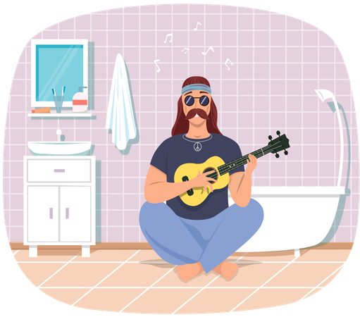 Guitarist is playing guitar in bathroom  Illustration