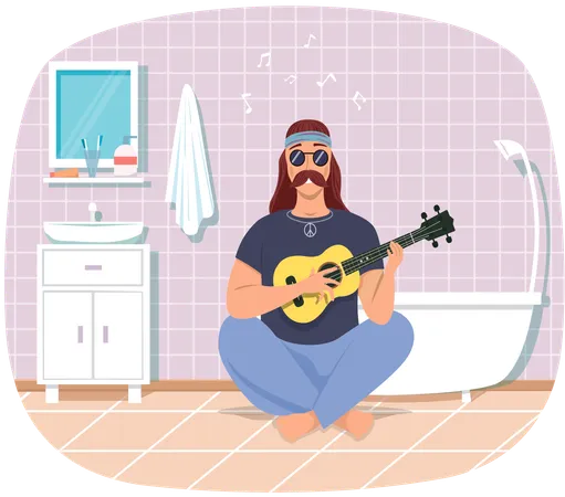 Guitarist is playing guitar in bathroom  Illustration