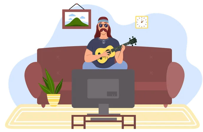 Guitarist is watching television while playing in living room  Illustration