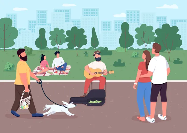 Guitarist On Street Flat Color Vector Illustration Acoustic Guitar Player Earn Money Outdoors Music Concert Performing Musician 2 D Cartoon Characters With Urban Park On Background Illustration