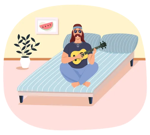 Male Hipster Bard With Ukulele In Hands Musician Is Playing Strings On Instrument Person Creates Music Man With Musical Instrument Guitarist Playing Guitar On Bed In Living Room イラスト
